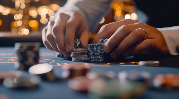Live baccarat dealer in studio setting